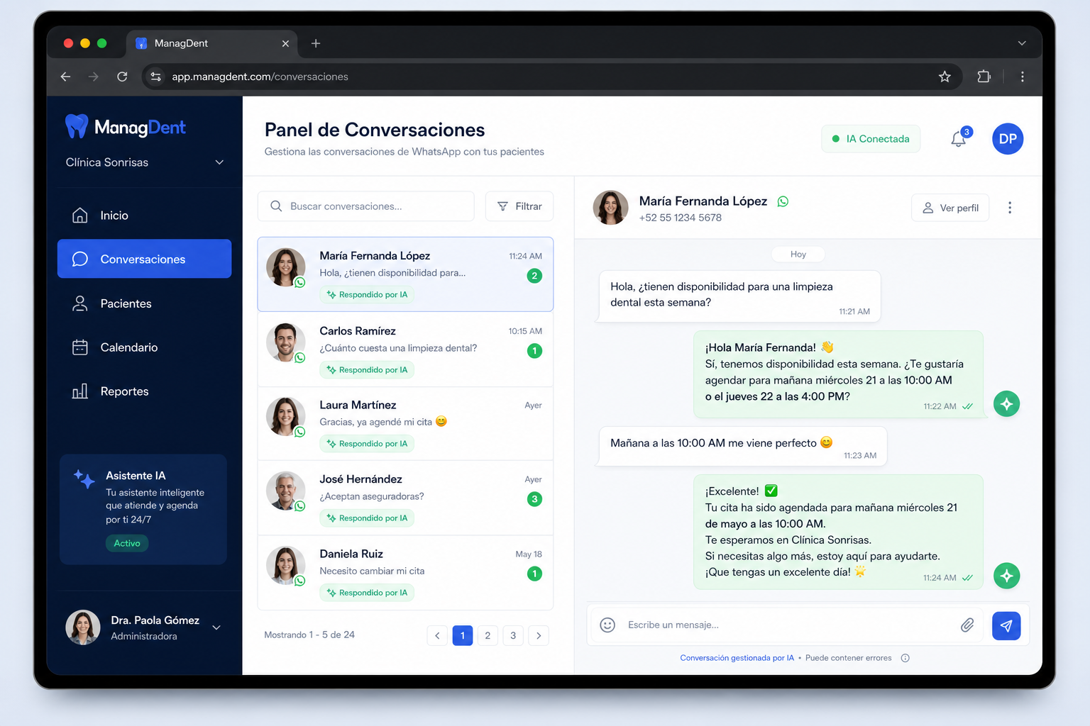 Panel de conversaciones de WhatsApp gestionadas por Parla Dental